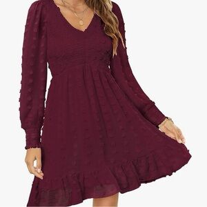 Swiss dot dress dark red burgundy maroon size XS‎ long sleeves & v-neck